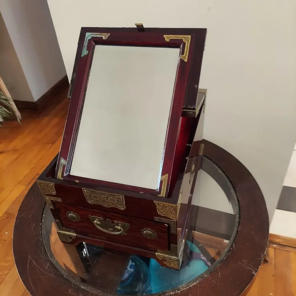 Antique c1920 Rosewood and Brass Chinese Mirror Box with Laquered Finish